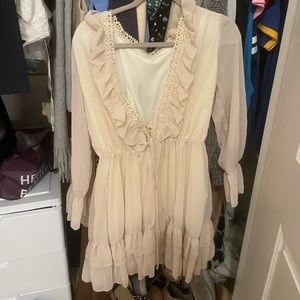 Deep V cream lace-up dress